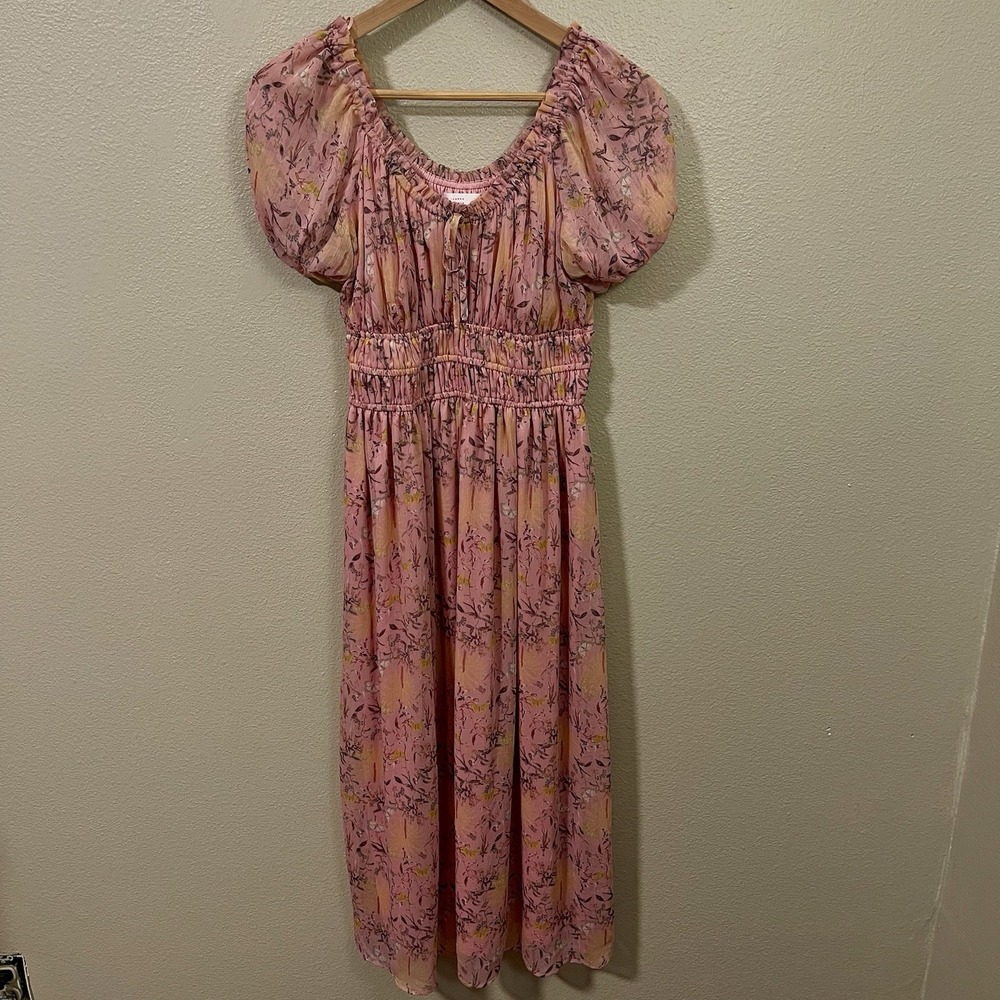 Lauren Conrad Pink Floral Midi Dress Puff Sleeves Feminine Soft Milkmaid Size XS
